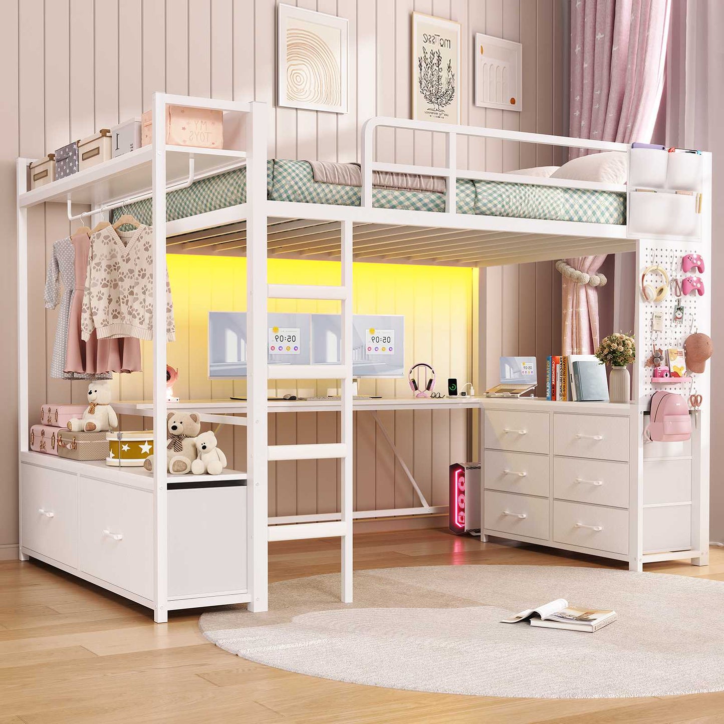 Itaar | Twin Loft Bed with L-Shaped Desk 8 Storage Drawers Metal Kids Twin Loft Bed with Led Lights Charging Station Hall Tree