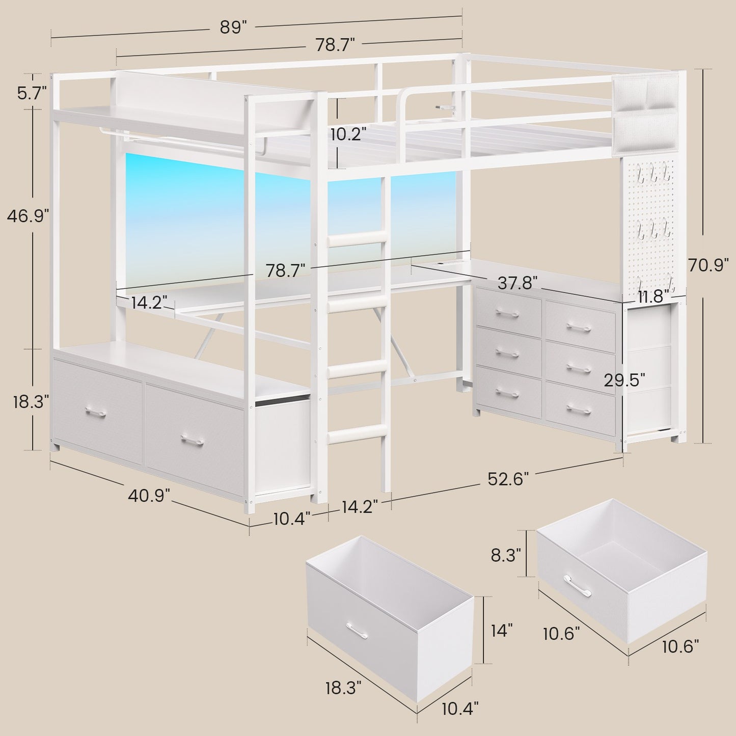 Itaar | Twin Loft Bed with L-Shaped Desk 8 Storage Drawers Metal Kids Twin Loft Bed with Led Lights Charging Station Hall Tree