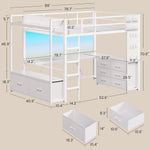 Itaar | Twin Loft Bed with L-Shaped Desk 8 Storage Drawers Metal Kids Twin Loft Bed with Led Lights Charging Station Hall Tree