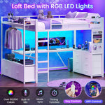 Itaar | Twin Loft Bed with L-Shaped Desk 8 Storage Drawers Metal Kids Twin Loft Bed with Led Lights Charging Station Hall Tree