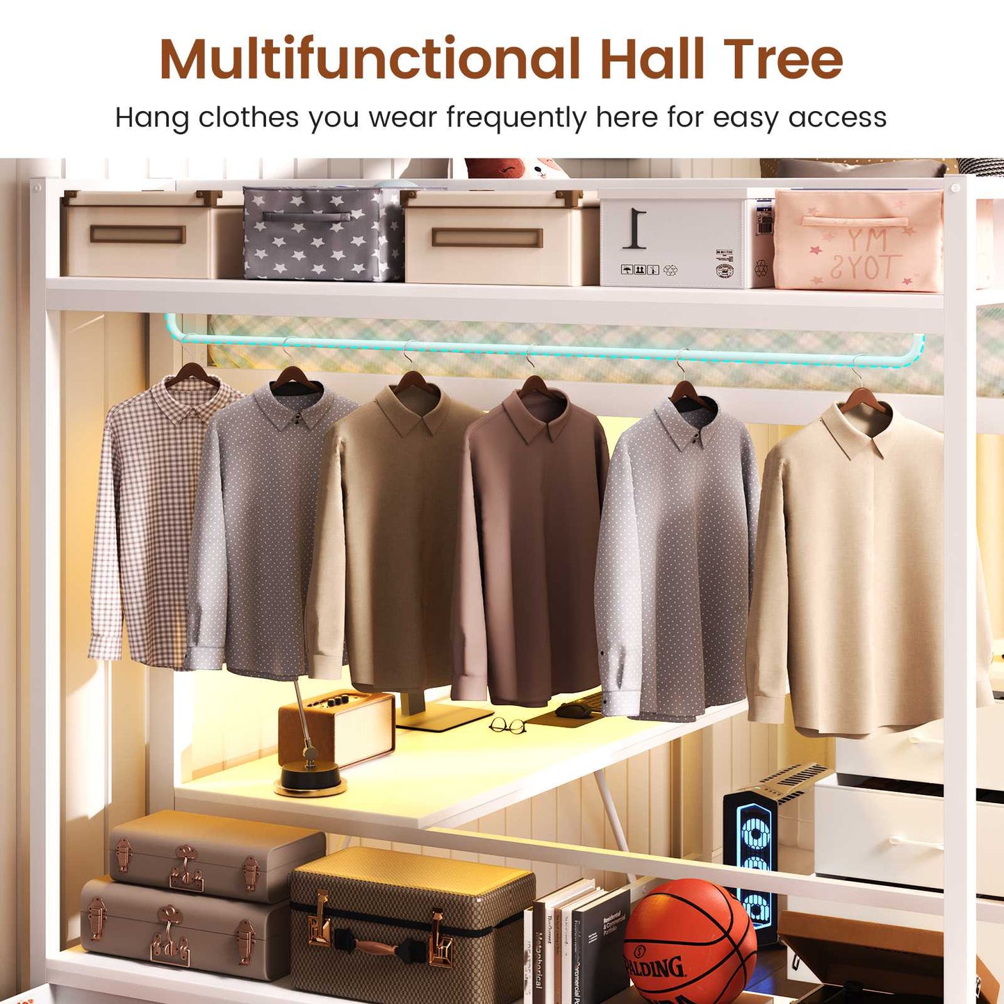 Itaar | Twin Loft Bed with L-Shaped Desk 8 Storage Drawers Metal Kids Twin Loft Bed with Led Lights Charging Station Hall Tree