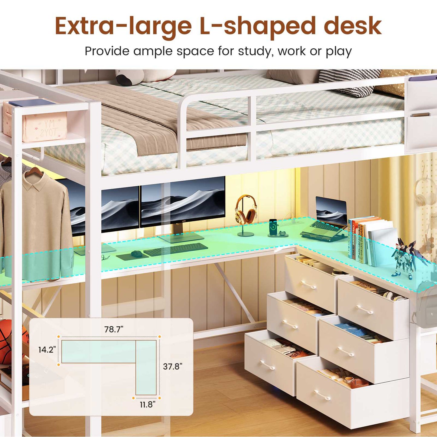 Itaar | Twin Loft Bed with L-Shaped Desk 8 Storage Drawers Metal Kids Twin Loft Bed with Led Lights Charging Station Hall Tree
