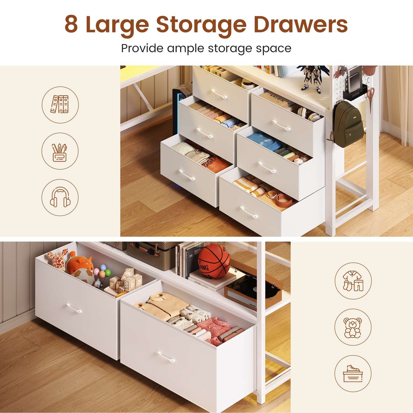 Itaar | Twin Loft Bed with L-Shaped Desk 8 Storage Drawers Metal Kids Twin Loft Bed with Led Lights Charging Station Hall Tree