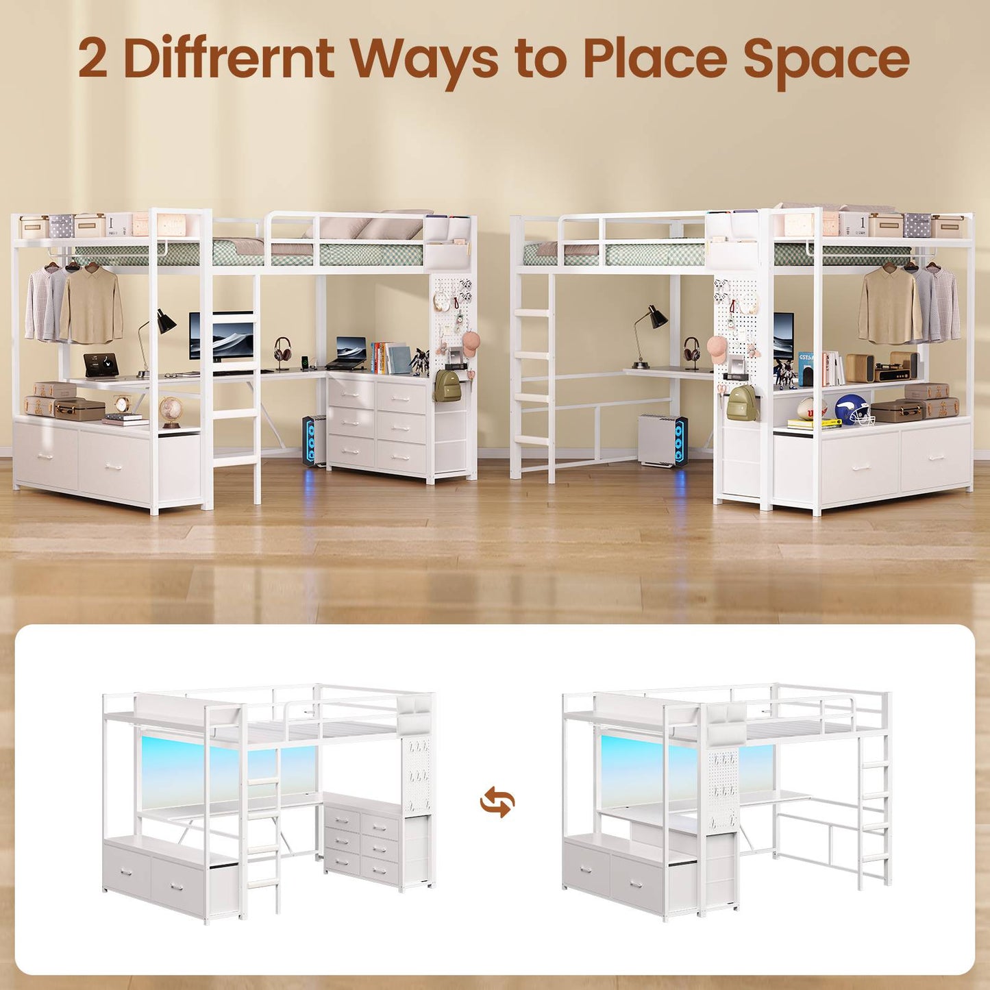Itaar | Twin Loft Bed with L-Shaped Desk 8 Storage Drawers Metal Kids Twin Loft Bed with Led Lights Charging Station Hall Tree