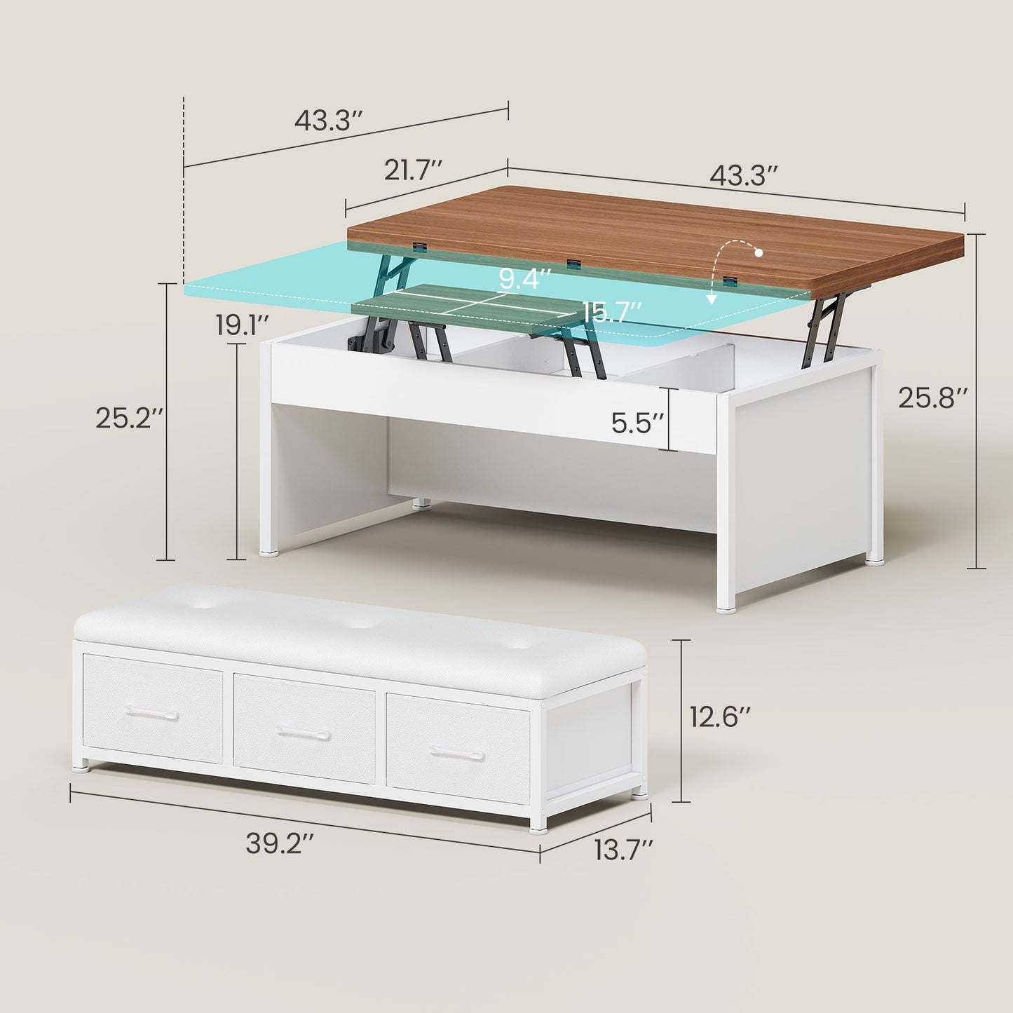 Itaar | Lift Top Coffee Table Set 43 Inch Multi-Function Coffee Table with Storage Drawers and Hidden Compartment