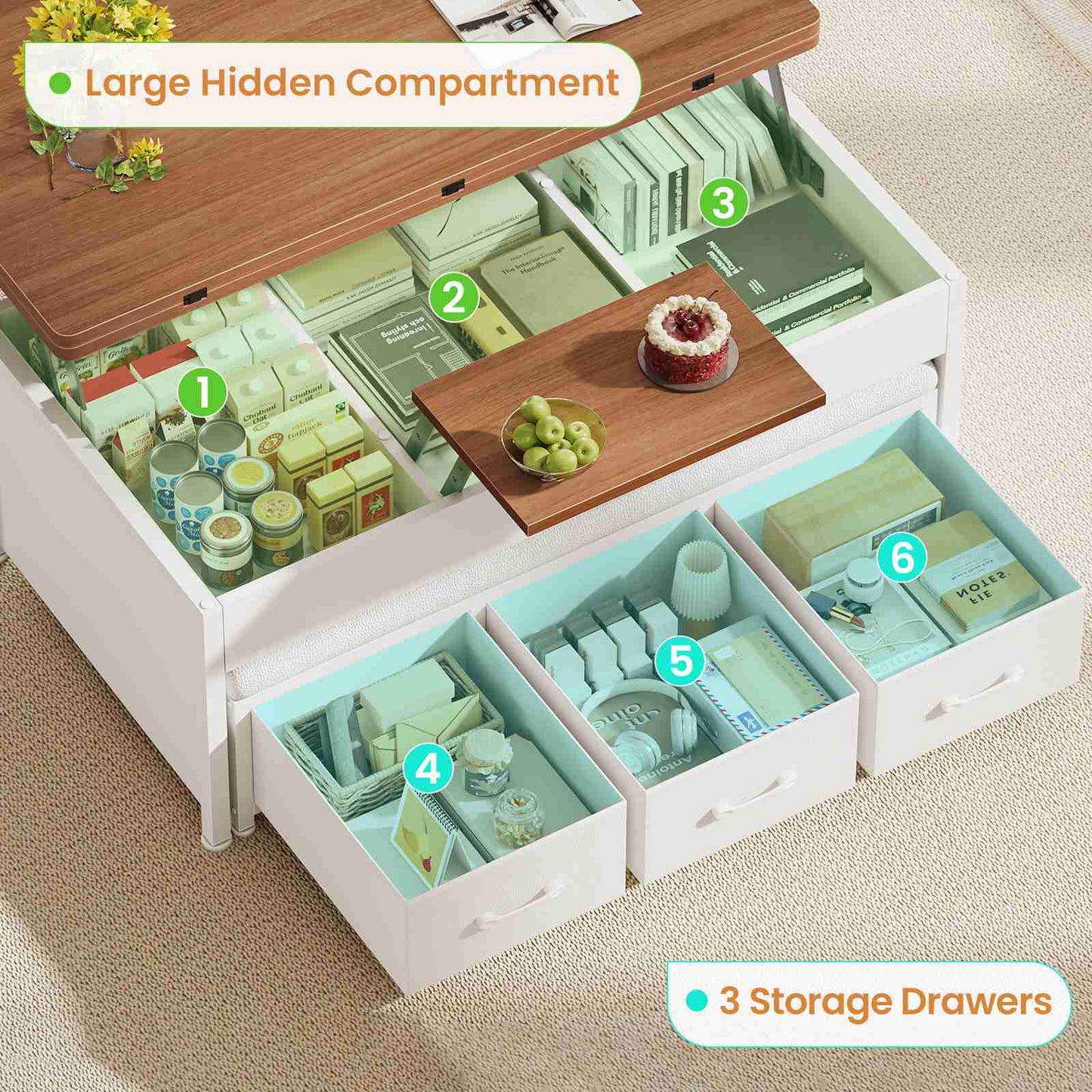 Itaar | Lift Top Coffee Table Set 43 Inch Multi-Function Coffee Table with Storage Drawers and Hidden Compartment