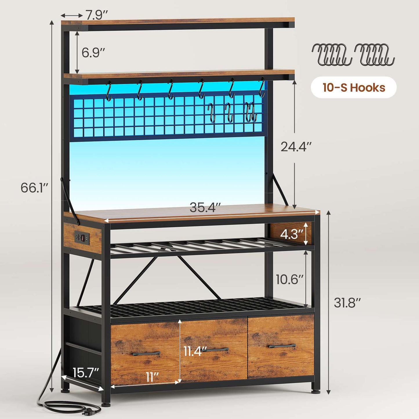 Itaar | Bakers Rack with Storage and Power Outlet 35.4 inch Coffee Bar Cabinet Microwave Stand Kitchen Cabinet with Hutch LED Lights