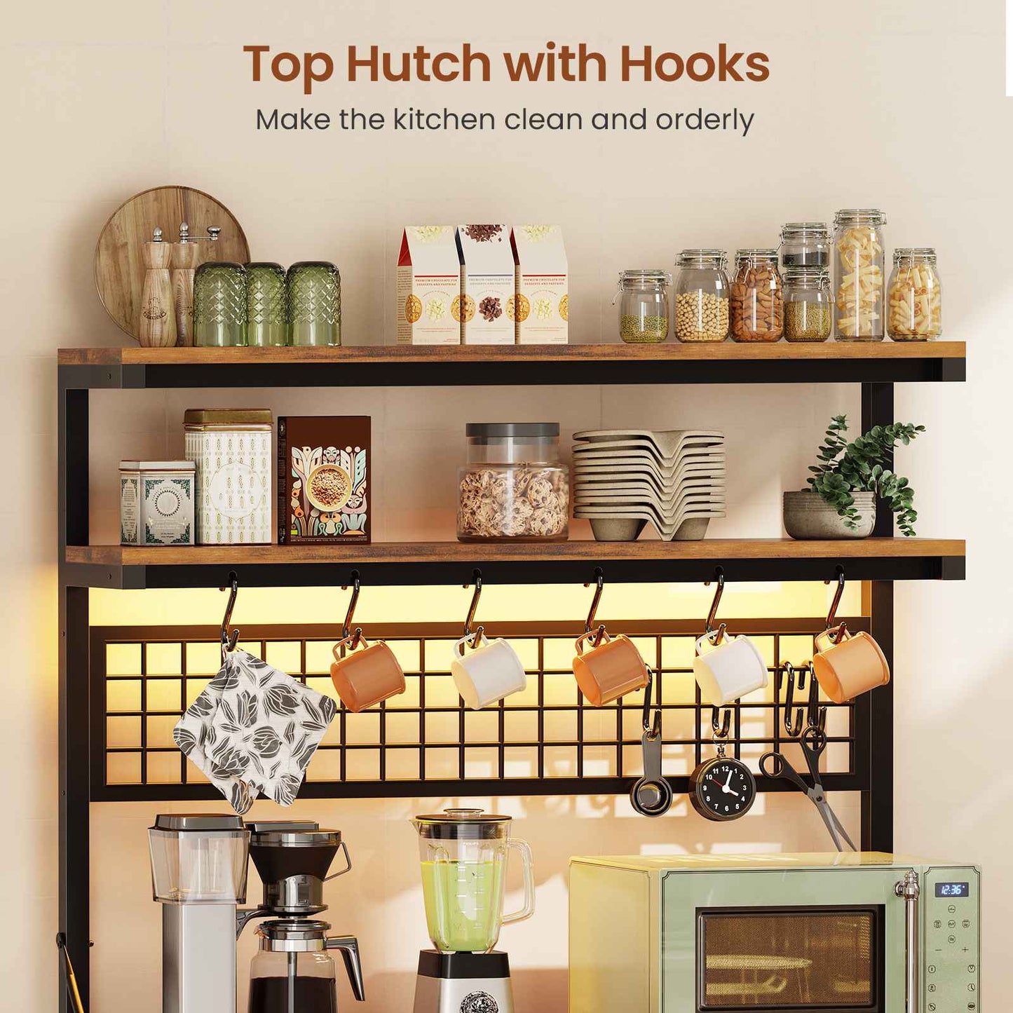 Itaar | Bakers Rack with Storage and Power Outlet 35.4 inch Coffee Bar Cabinet Microwave Stand Kitchen Cabinet with Hutch LED Lights
