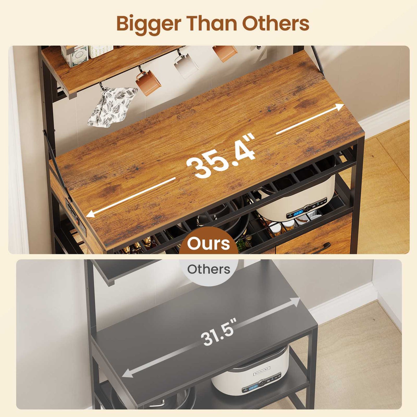 Itaar | Bakers Rack with Storage and Power Outlet 35.4 inch Coffee Bar Cabinet Microwave Stand Kitchen Cabinet with Hutch LED Lights