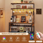 Itaar | Bakers Rack with Storage and Power Outlet 35.4 inch Coffee Bar Cabinet Microwave Stand Kitchen Cabinet with Hutch LED Lights