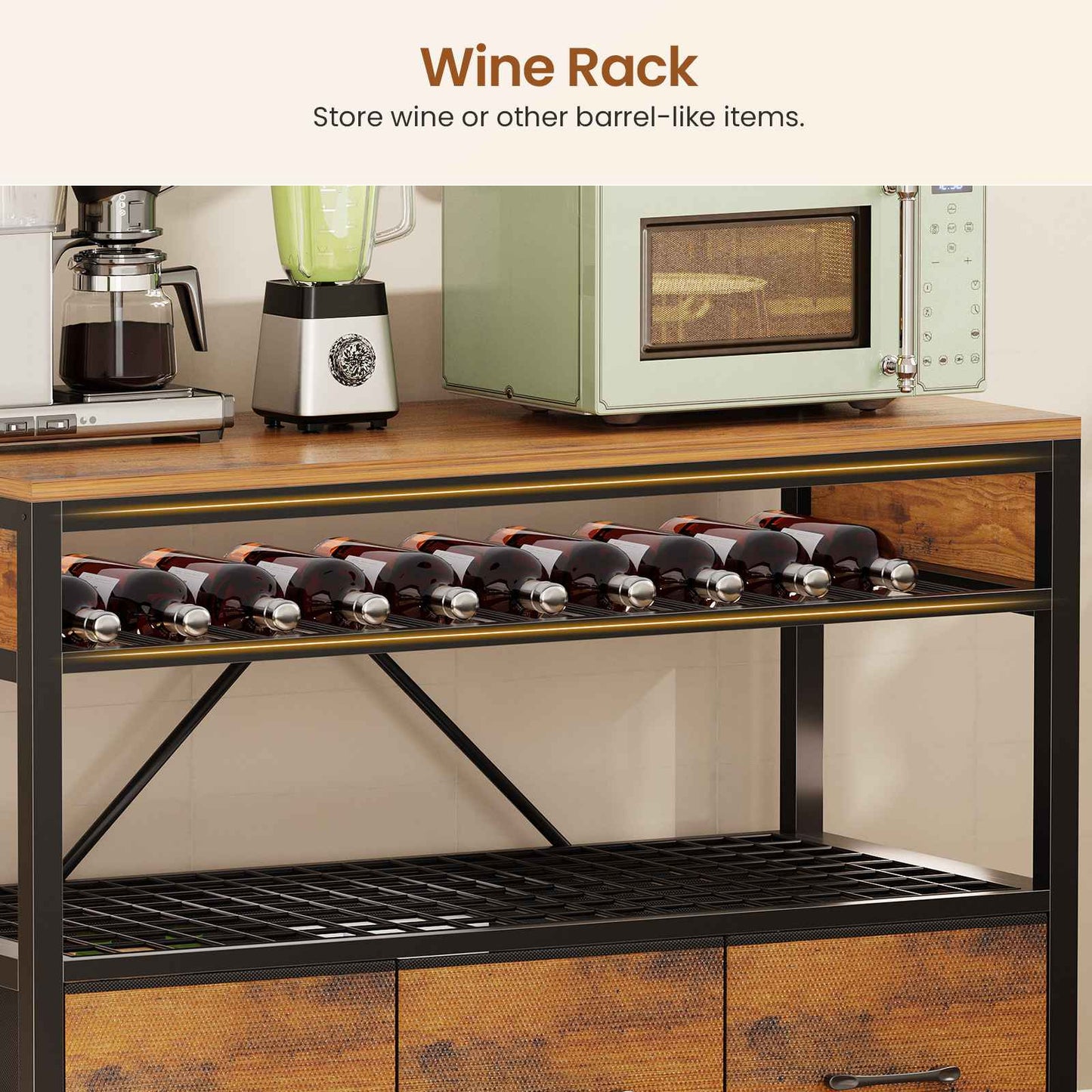 Itaar | Bakers Rack with Storage and Power Outlet 35.4 inch Coffee Bar Cabinet Microwave Stand Kitchen Cabinet with Hutch LED Lights