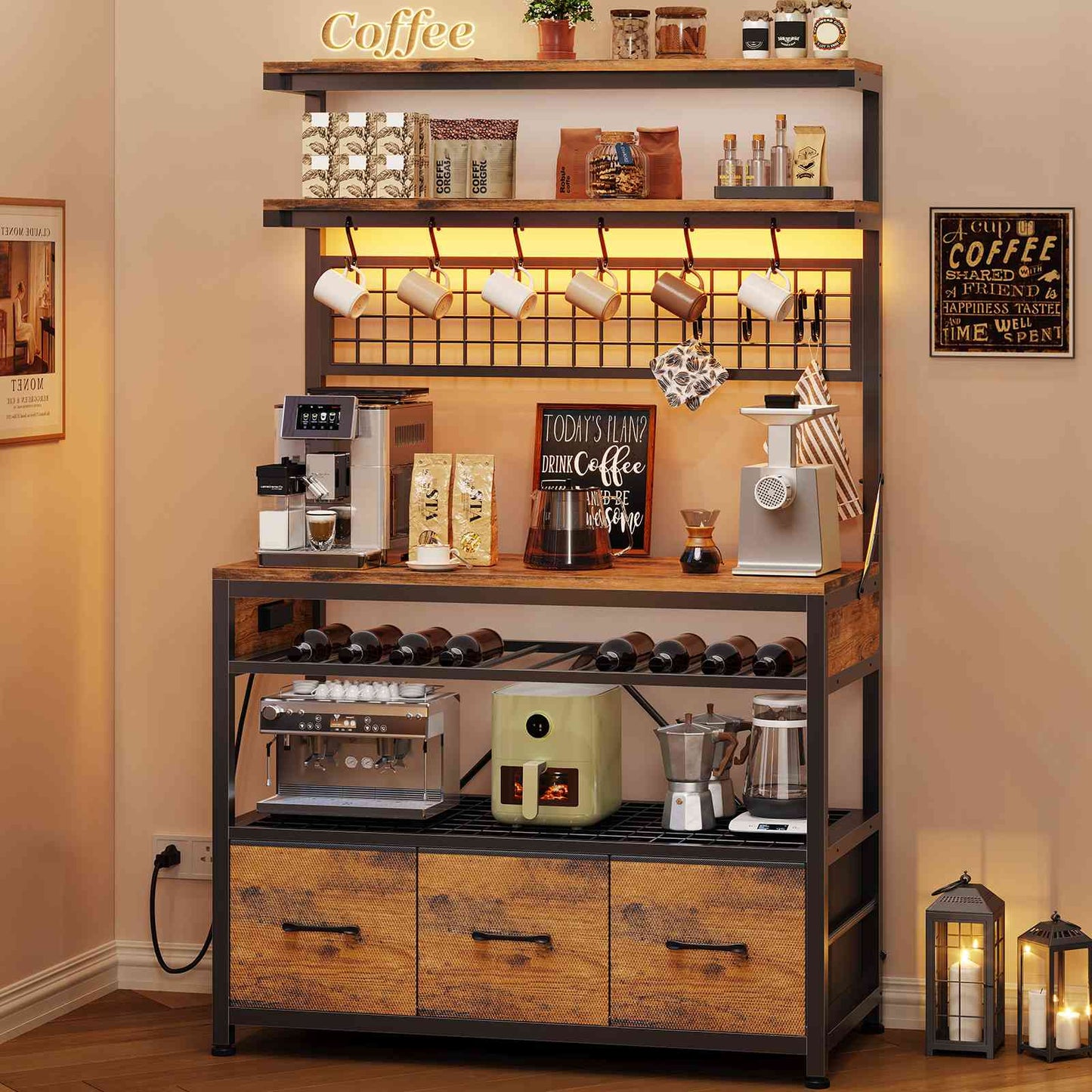 Itaar | Bakers Rack with Storage and Power Outlet 35.4 inch Coffee Bar Cabinet Microwave Stand Kitchen Cabinet with Hutch LED Lights