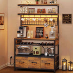 Itaar | Bakers Rack with Storage and Power Outlet 35.4 inch Coffee Bar Cabinet Microwave Stand Kitchen Cabinet with Hutch LED Lights