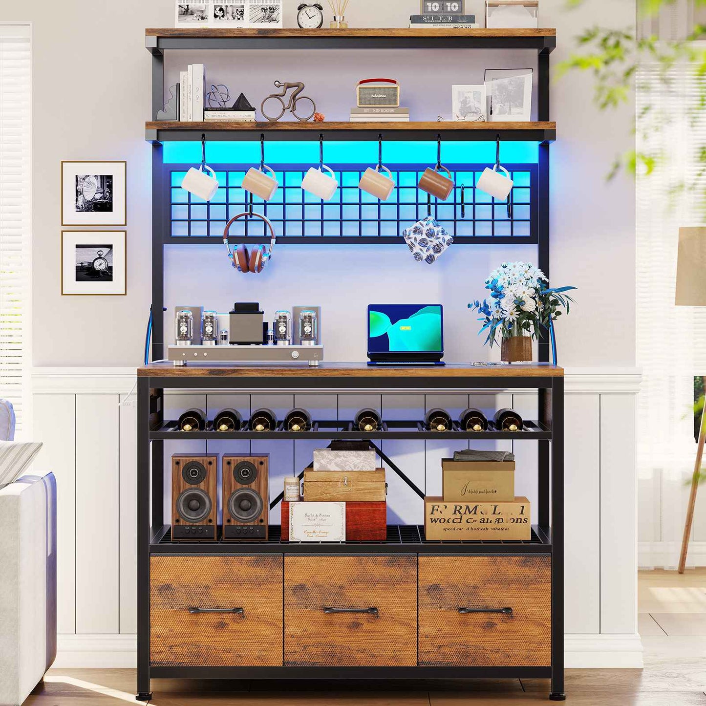 Itaar | Bakers Rack with Storage and Power Outlet 35.4 inch Coffee Bar Cabinet Microwave Stand Kitchen Cabinet with Hutch LED Lights