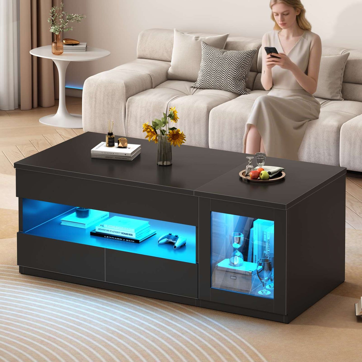 Itaar | 39.4 Inch Lift Top Coffee Table with 2 Drawers Modern LED Coffee Tables for Living Room Coffee Table with Glass Storage Cabinet