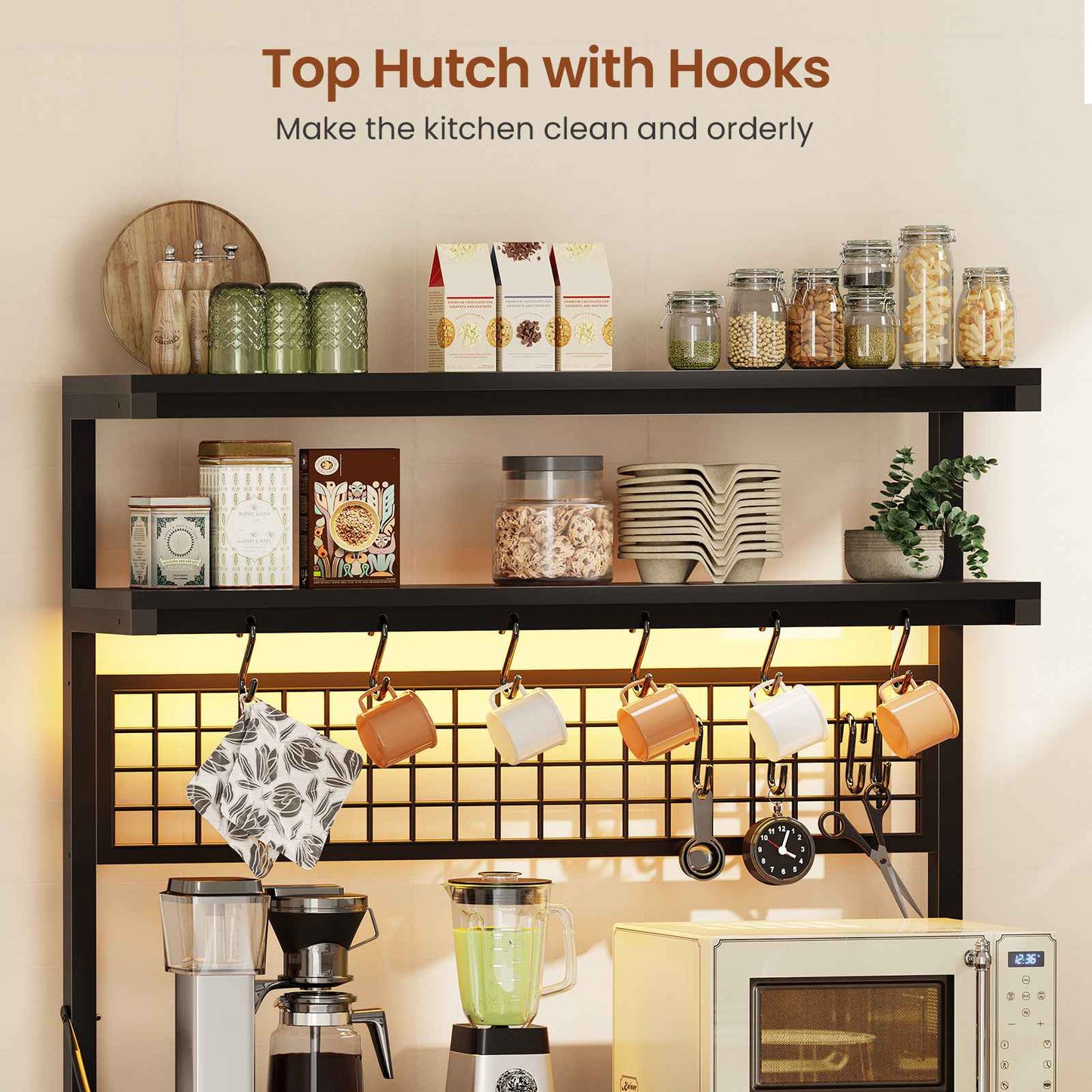 Itaar | Bakers Rack with Storage and Power Outlet 35.4 inch Coffee Bar Cabinet Microwave Stand Kitchen Cabinet with Hutch LED Lights