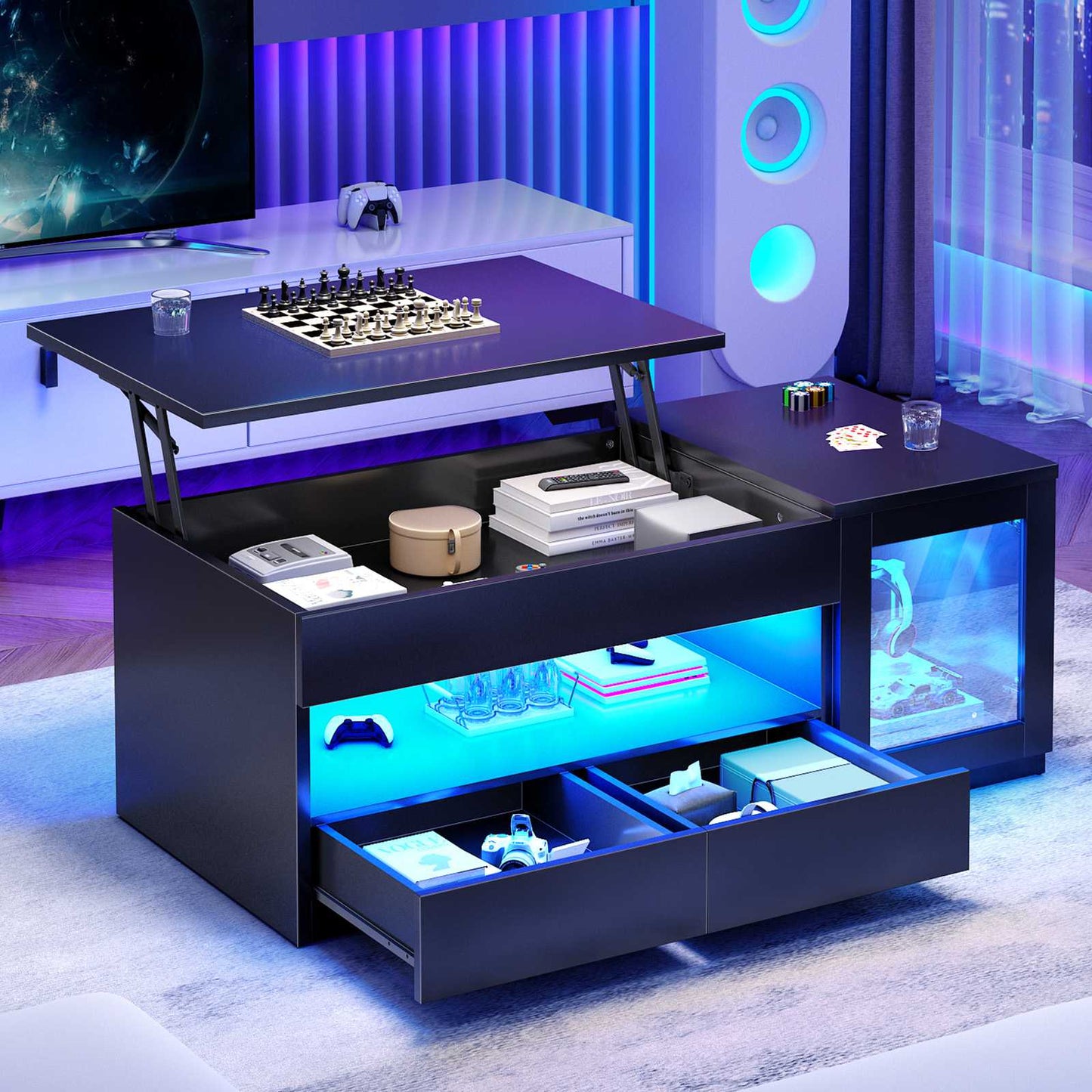 Itaar | 39.4 Inch Lift Top Coffee Table with 2 Drawers Modern LED Coffee Tables for Living Room Coffee Table with Glass Storage Cabinet