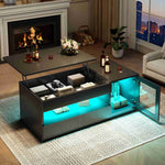 Itaar | 39.4 Inch Lift Top Coffee Table with 2 Drawers Modern LED Coffee Tables for Living Room Coffee Table with Glass Storage Cabinet