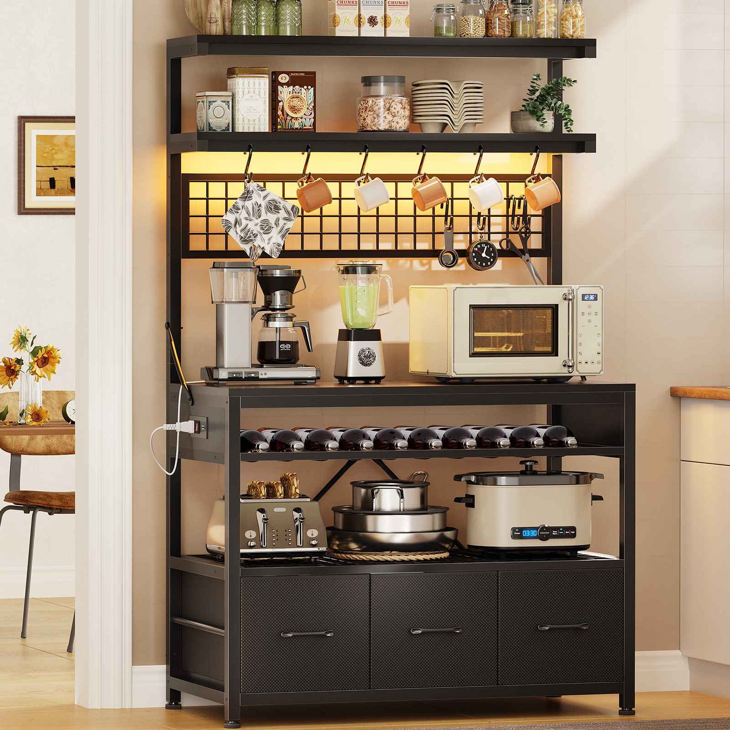Itaar | Bakers Rack with Storage and Power Outlet 35.4 inch Coffee Bar Cabinet Microwave Stand Kitchen Cabinet with Hutch LED Lights