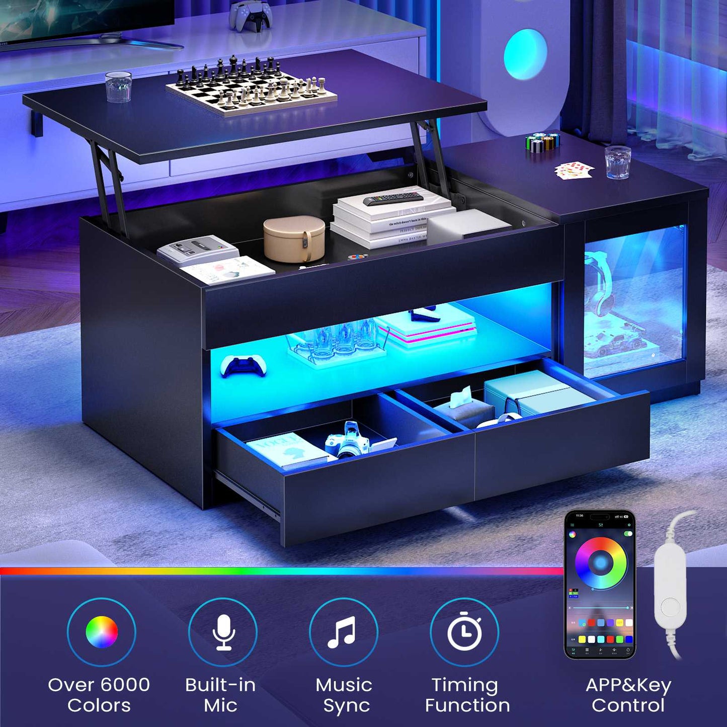 Itaar | 39.4 Inch Lift Top Coffee Table with 2 Drawers Modern LED Coffee Tables for Living Room Coffee Table with Glass Storage Cabinet