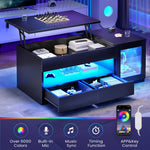 Itaar | 39.4 Inch Lift Top Coffee Table with 2 Drawers Modern LED Coffee Tables for Living Room Coffee Table with Glass Storage Cabinet