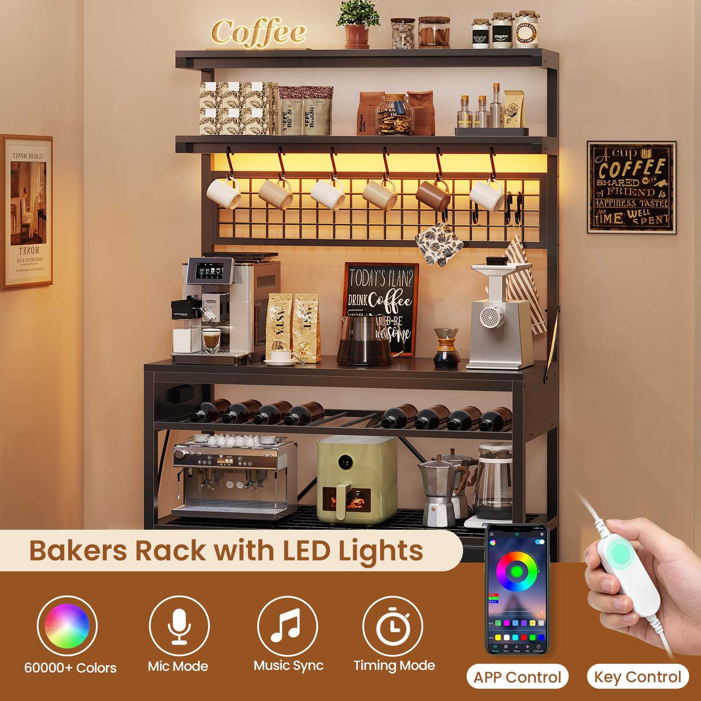 Itaar | Bakers Rack with Storage and Power Outlet 35.4 inch Coffee Bar Cabinet Microwave Stand Kitchen Cabinet with Hutch LED Lights
