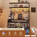 Itaar | Bakers Rack with Storage and Power Outlet 35.4 inch Coffee Bar Cabinet Microwave Stand Kitchen Cabinet with Hutch LED Lights