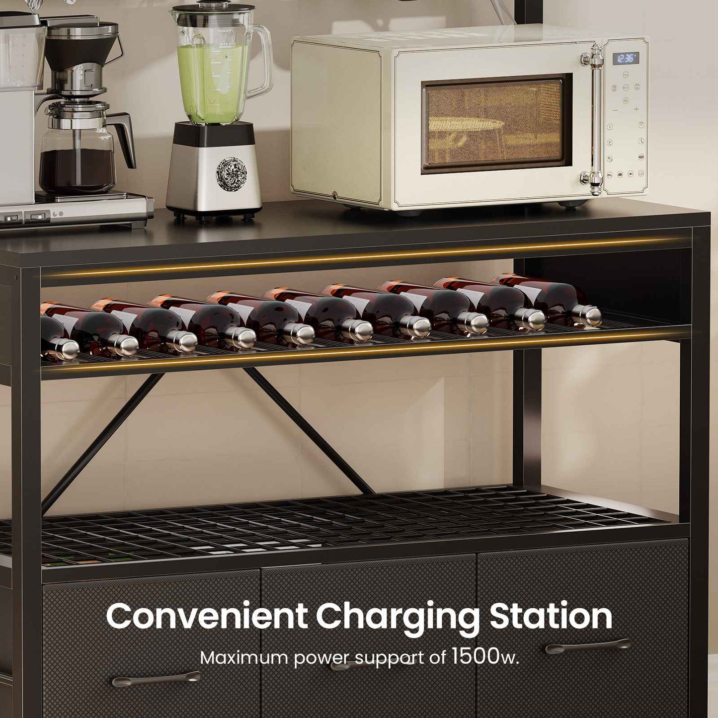 Itaar | Bakers Rack with Storage and Power Outlet 35.4 inch Coffee Bar Cabinet Microwave Stand Kitchen Cabinet with Hutch LED Lights