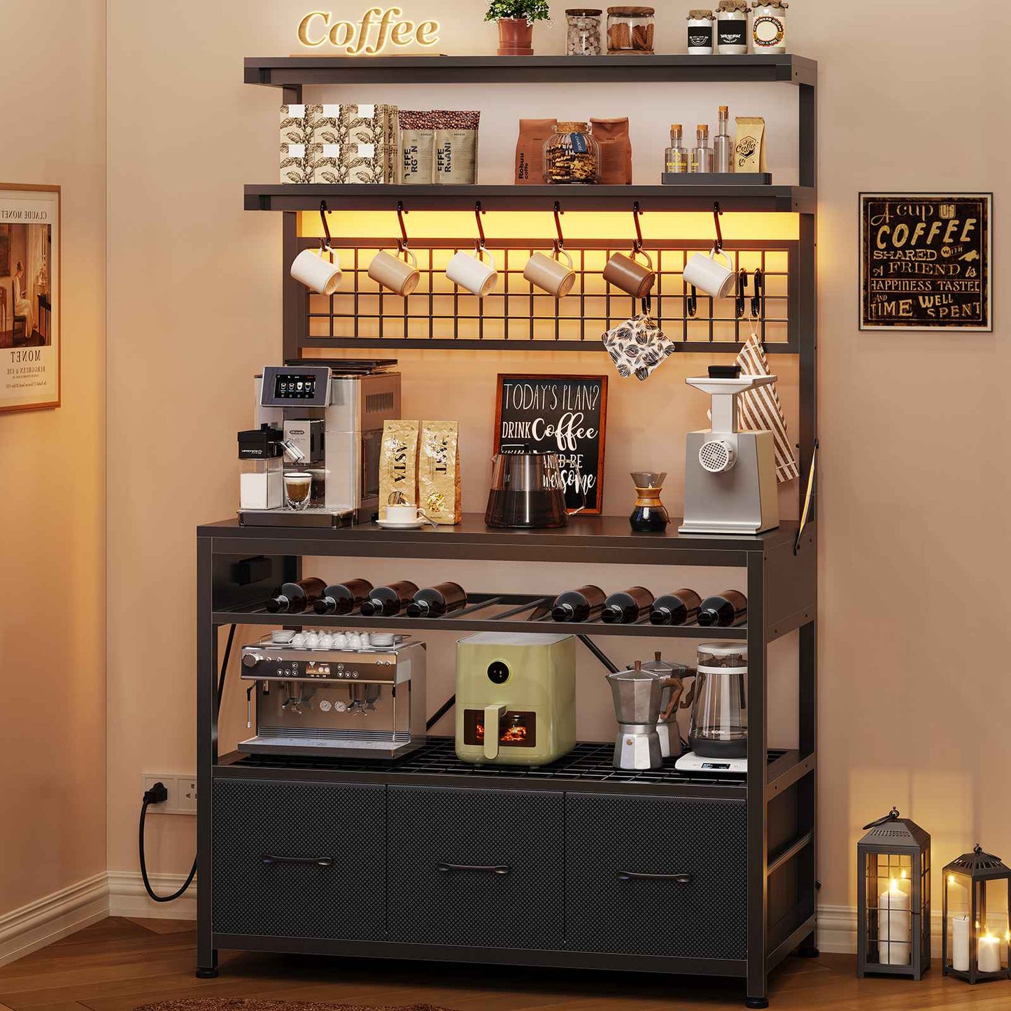 Itaar | Bakers Rack with Storage and Power Outlet 35.4 inch Coffee Bar Cabinet Microwave Stand Kitchen Cabinet with Hutch LED Lights