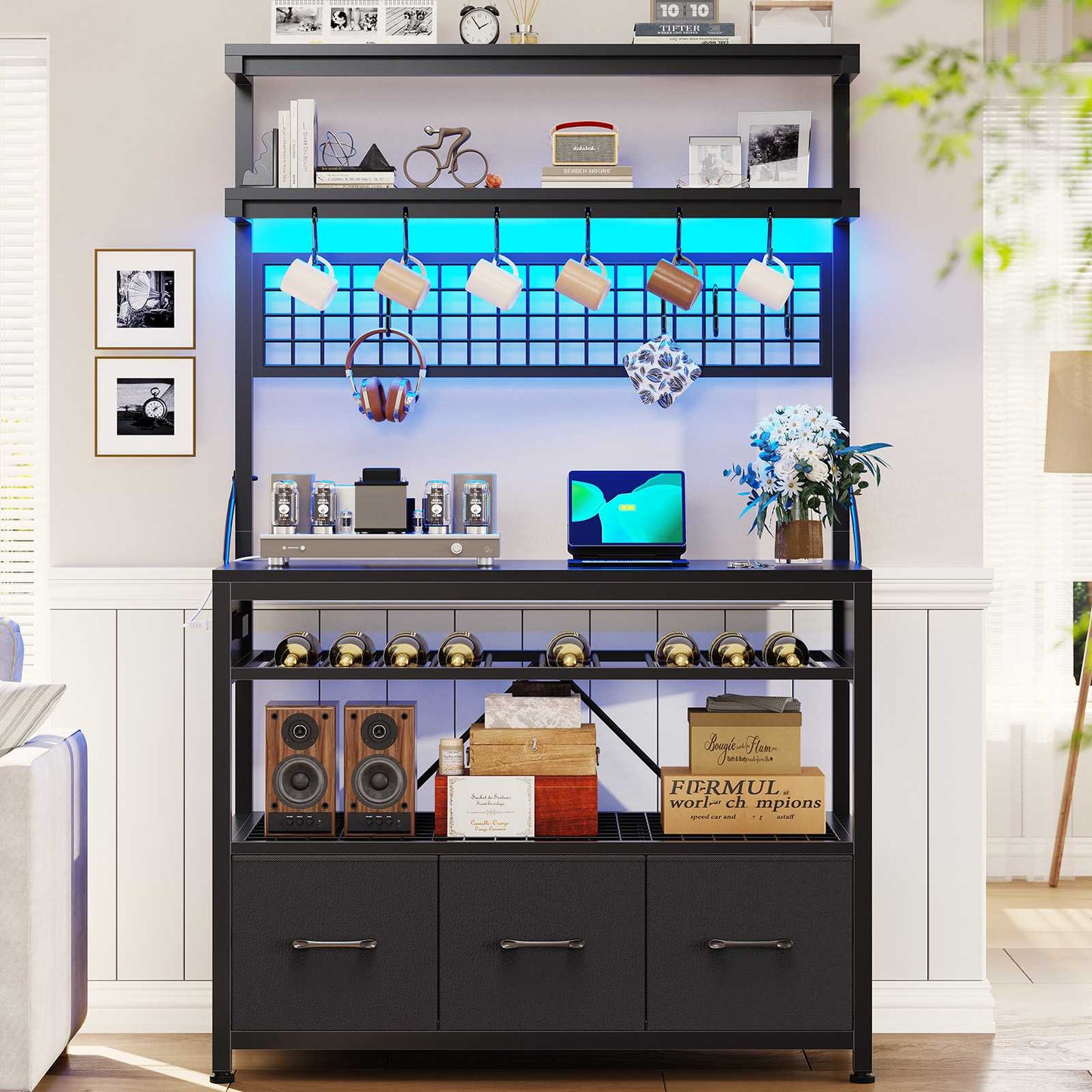 Itaar | Bakers Rack with Storage and Power Outlet 35.4 inch Coffee Bar Cabinet Microwave Stand Kitchen Cabinet with Hutch LED Lights