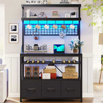 Itaar | Bakers Rack with Storage and Power Outlet 35.4 inch Coffee Bar Cabinet Microwave Stand Kitchen Cabinet with Hutch LED Lights