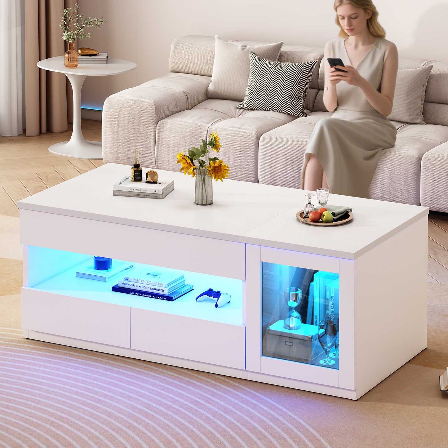 Itaar | 39.4 Inch Lift Top Coffee Table with 2 Drawers Modern LED Coffee Tables for Living Room Coffee Table with Glass Storage Cabinet