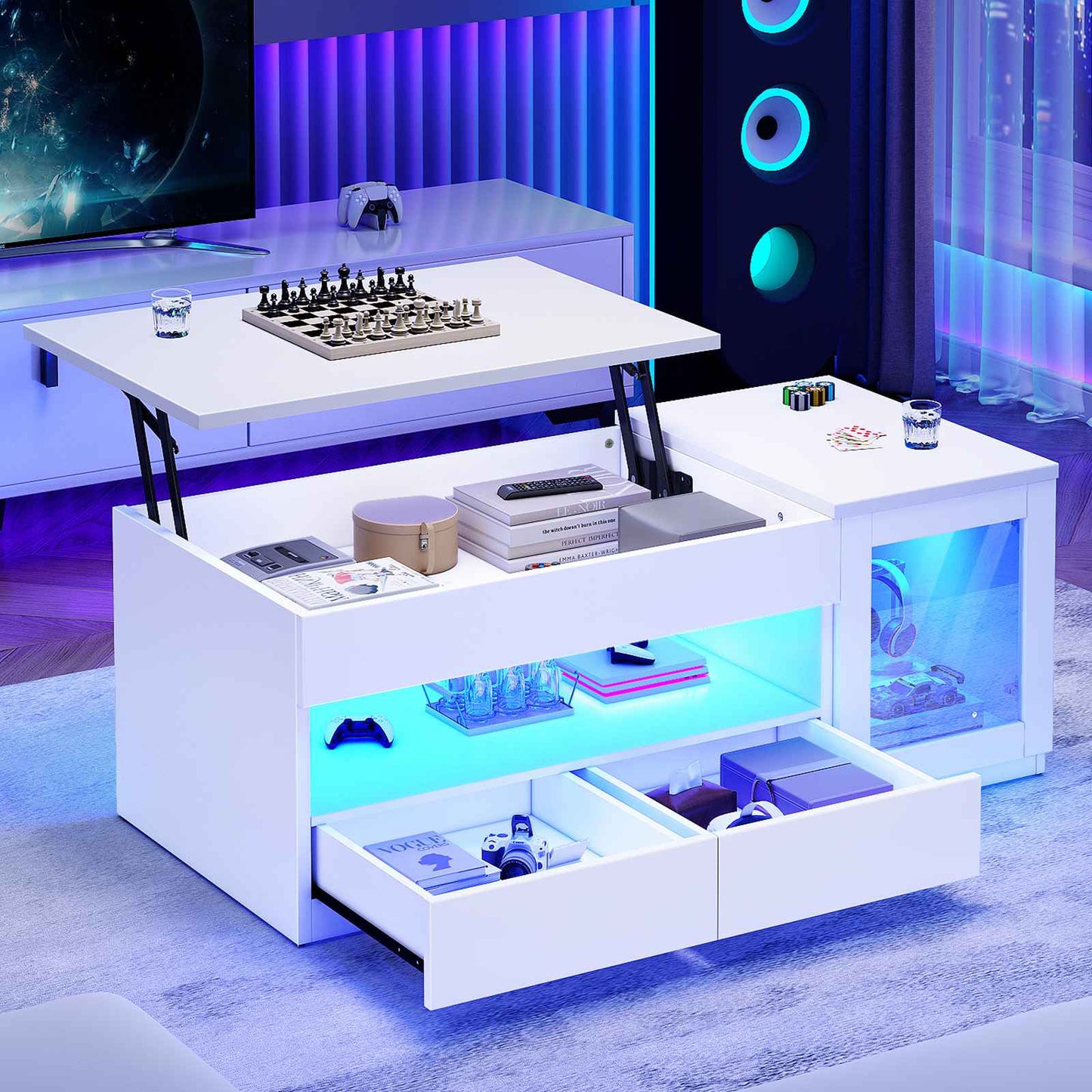 Itaar | 39.4 Inch Lift Top Coffee Table with 2 Drawers Modern LED Coffee Tables for Living Room Coffee Table with Glass Storage Cabinet
