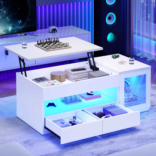 Itaar | 39.4 Inch Lift Top Coffee Table with 2 Drawers Modern LED Coffee Tables for Living Room Coffee Table with Glass Storage Cabinet