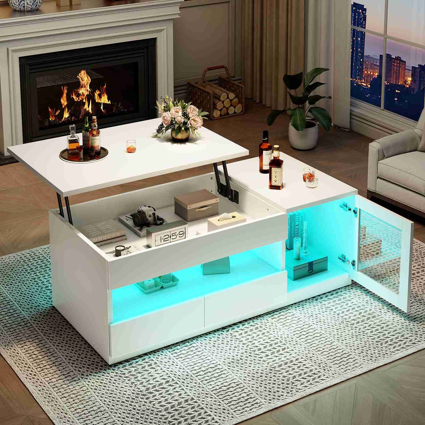 Itaar | 39.4 Inch Lift Top Coffee Table with 2 Drawers Modern LED Coffee Tables for Living Room Coffee Table with Glass Storage Cabinet