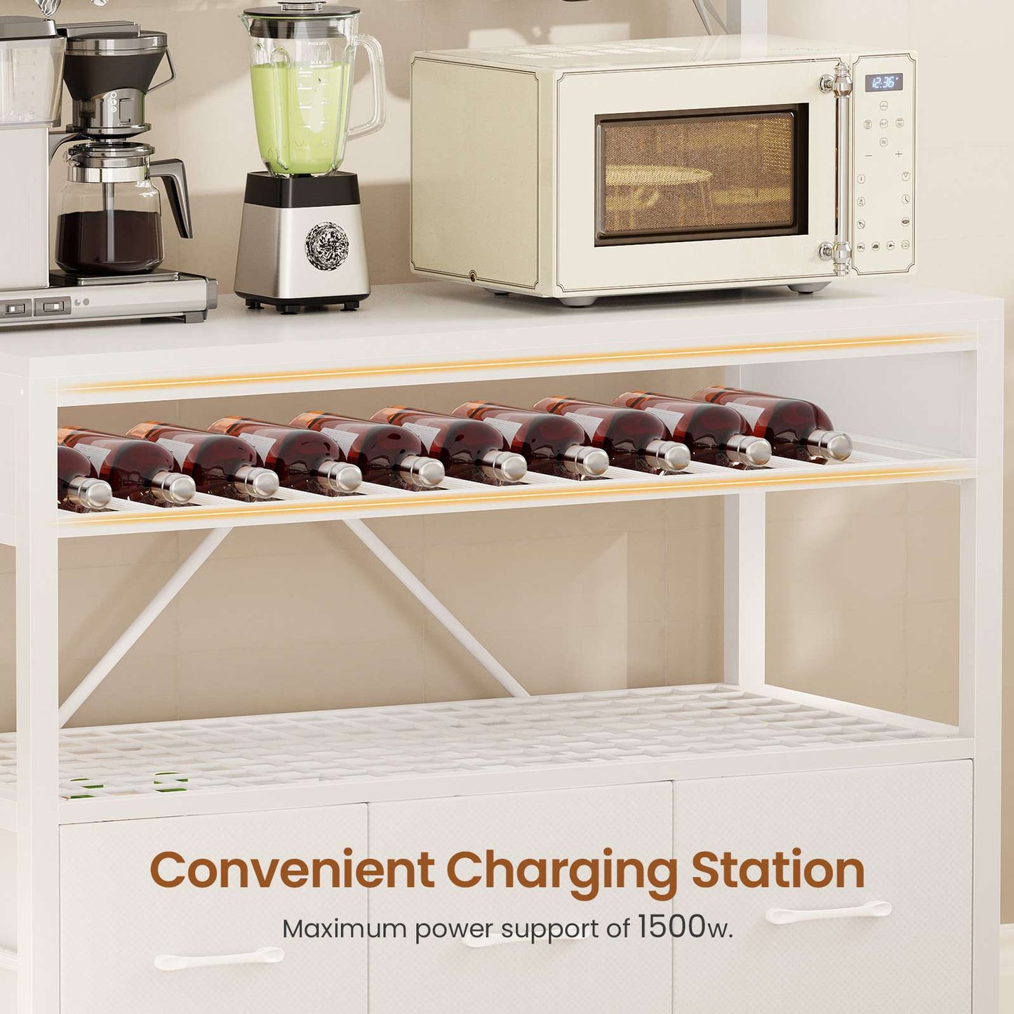 Itaar | Bakers Rack with Storage and Power Outlet 35.4 inch Coffee Bar Cabinet Microwave Stand Kitchen Cabinet with Hutch LED Lights