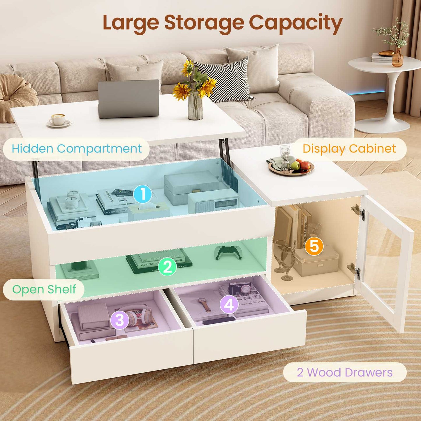 Itaar | 39.4 Inch Lift Top Coffee Table with 2 Drawers Modern LED Coffee Tables for Living Room Coffee Table with Glass Storage Cabinet