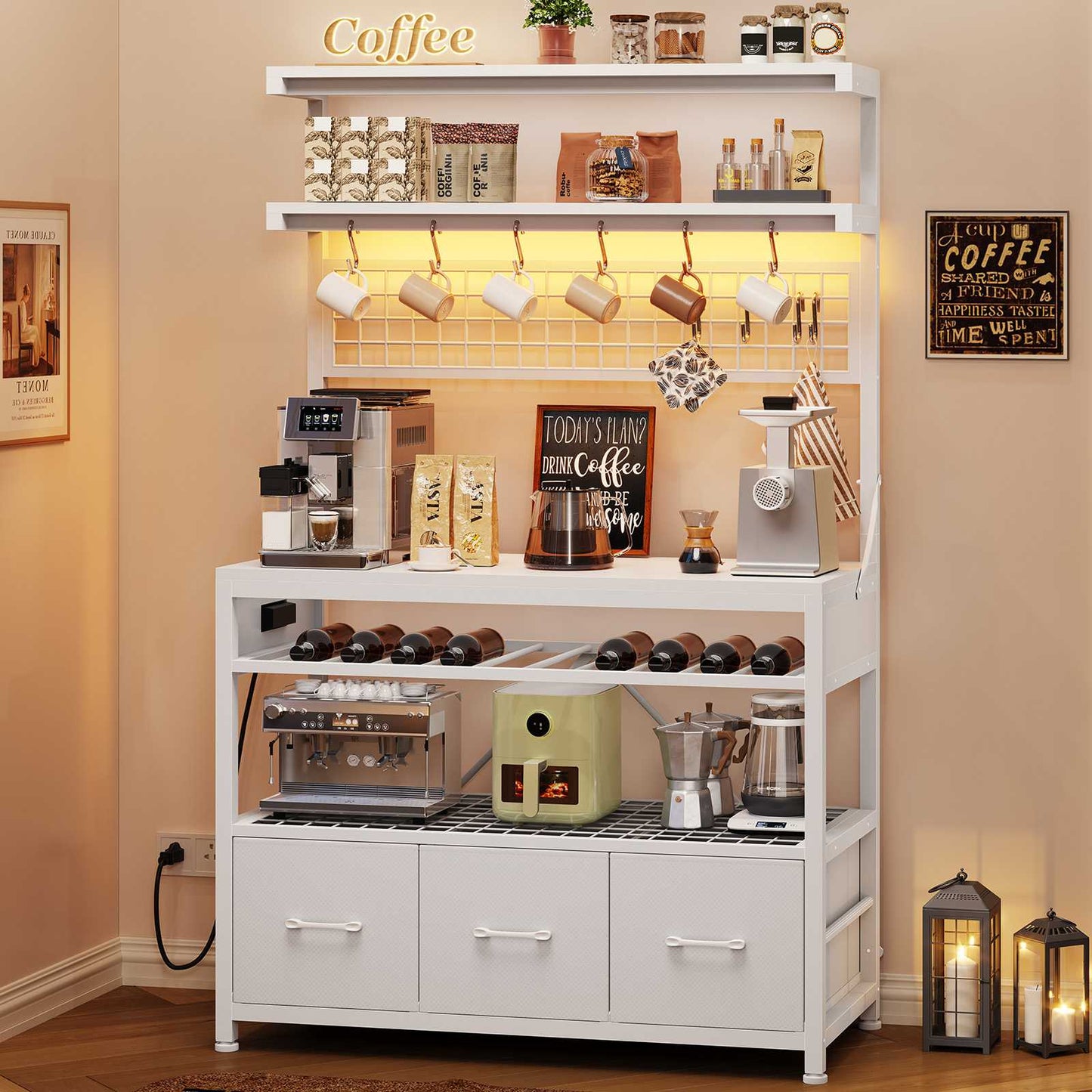 Itaar | Bakers Rack with Storage and Power Outlet 35.4 inch Coffee Bar Cabinet Microwave Stand Kitchen Cabinet with Hutch LED Lights