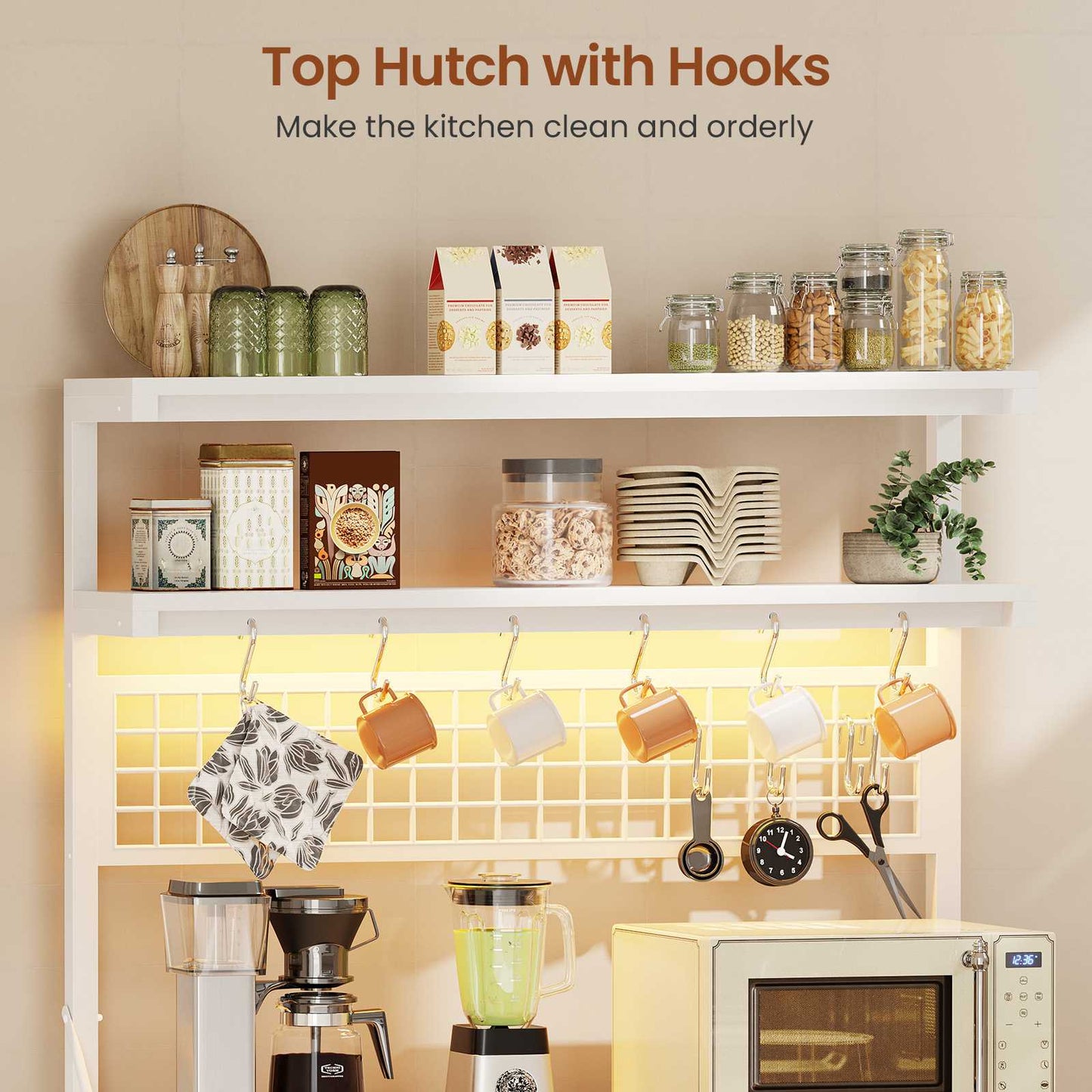 Itaar | Bakers Rack with Storage and Power Outlet 35.4 inch Coffee Bar Cabinet Microwave Stand Kitchen Cabinet with Hutch LED Lights