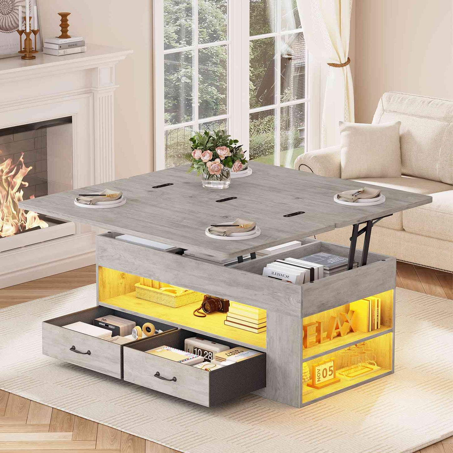 Itaar | Lift Top Coffee Table 4 in 1 Coffee Tables with Storage and Hidden Compartment Farmhouse Coffee Table with 2 Fabric Drawers LED Light