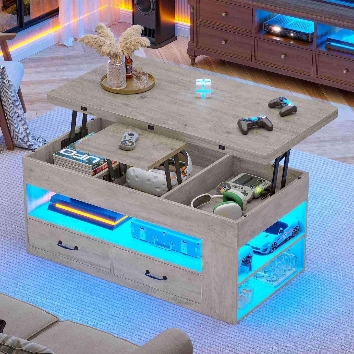 Itaar | Lift Top Coffee Table 4 in 1 Coffee Tables with Storage and Hidden Compartment Farmhouse Coffee Table with 2 Fabric Drawers LED Light