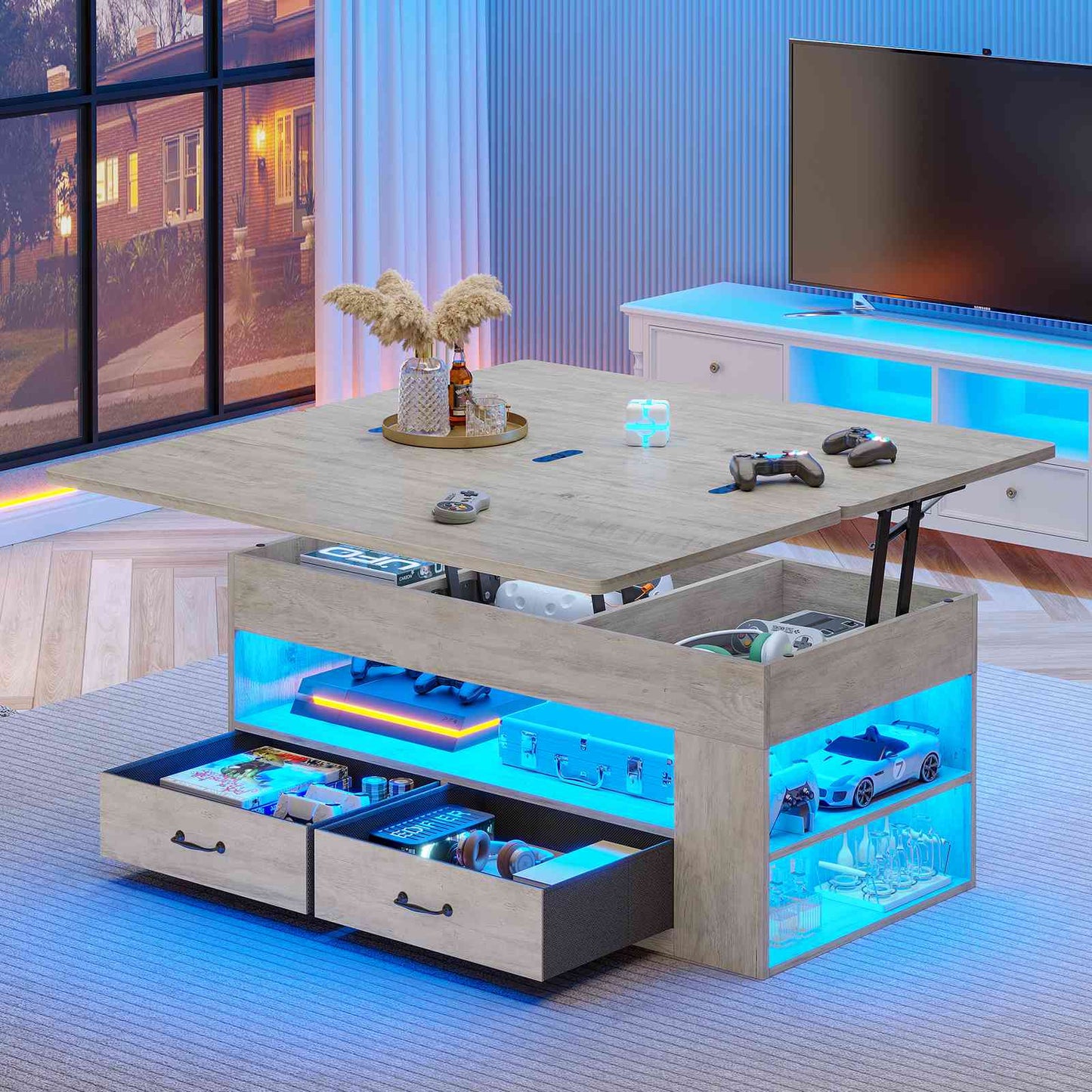 Itaar | Lift Top Coffee Table 4 in 1 Coffee Tables with Storage and Hidden Compartment Farmhouse Coffee Table with 2 Fabric Drawers LED Light