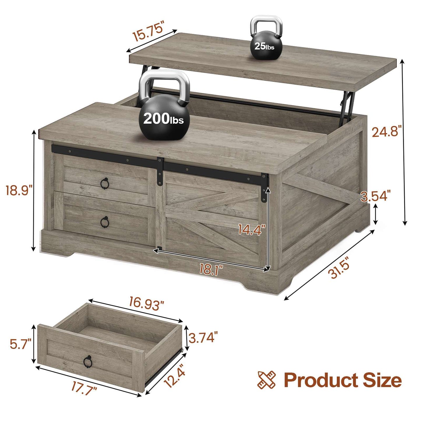 Itaar | 39.4 Inch Lift Top Coffee Table with Storage Farmhouse Coffee Tables for Living Room Square Coffee Table with Large Hidden Compartment