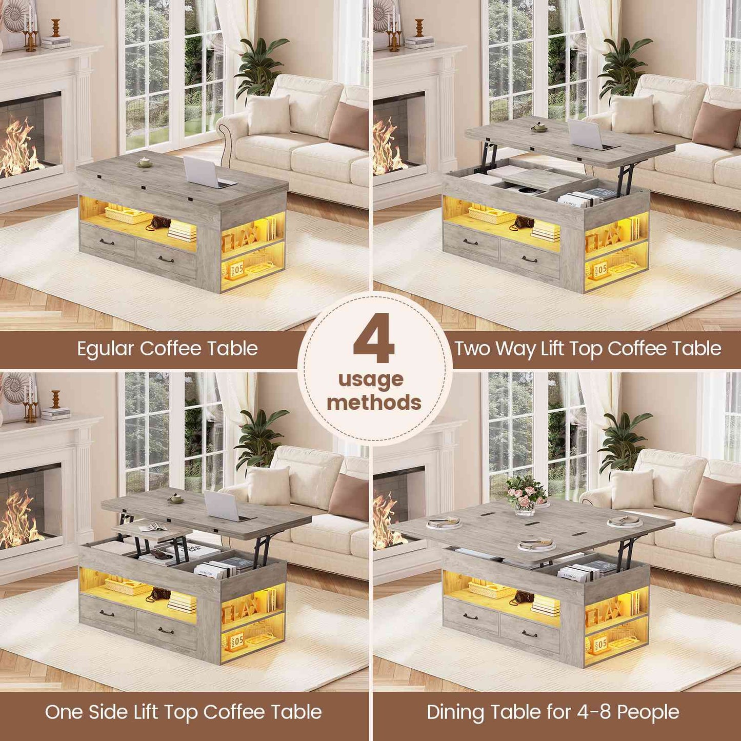 Itaar | Lift Top Coffee Table 4 in 1 Coffee Tables with Storage and Hidden Compartment Farmhouse Coffee Table with 2 Fabric Drawers LED Light