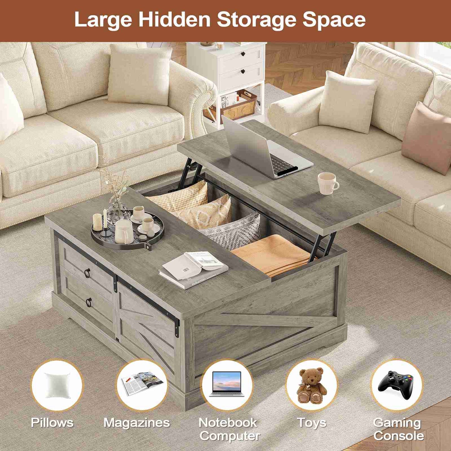 Itaar | 39.4 Inch Lift Top Coffee Table with Storage Farmhouse Coffee Tables for Living Room Square Coffee Table with Large Hidden Compartment