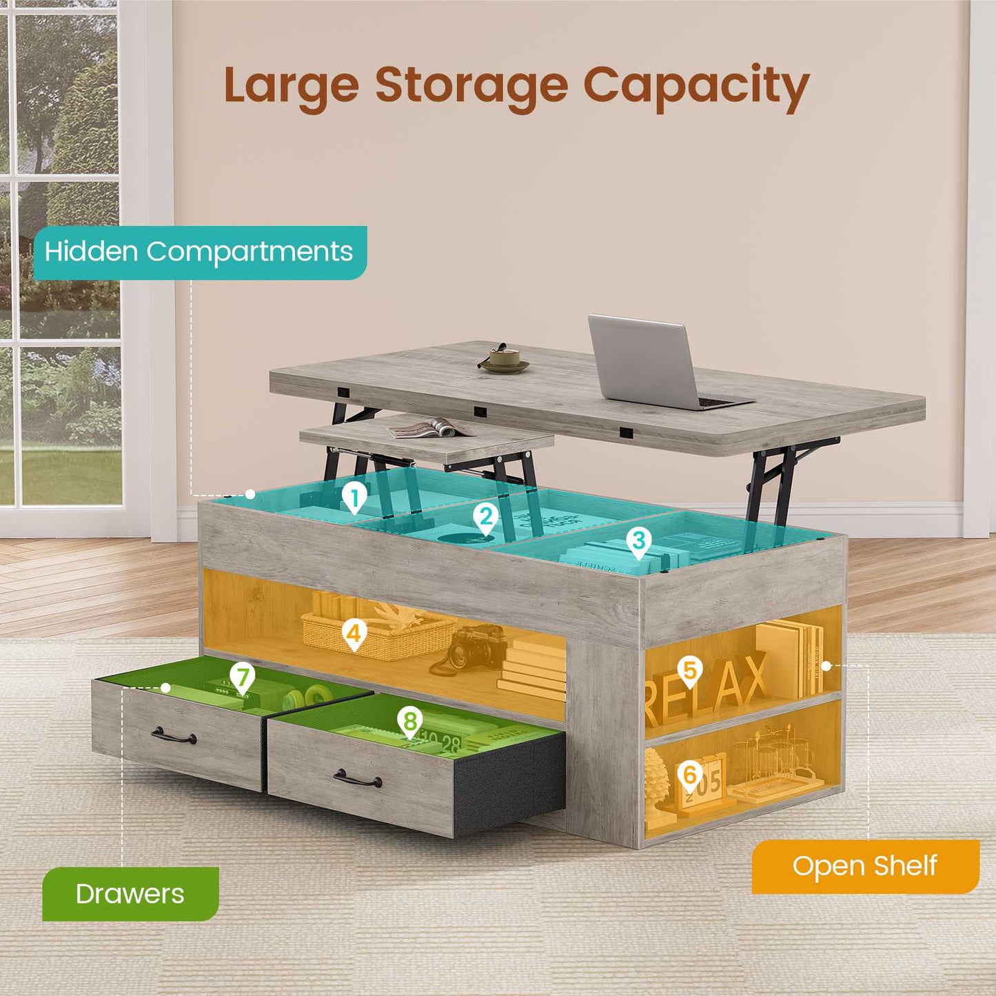 Itaar | Lift Top Coffee Table 4 in 1 Coffee Tables with Storage and Hidden Compartment Farmhouse Coffee Table with 2 Fabric Drawers LED Light