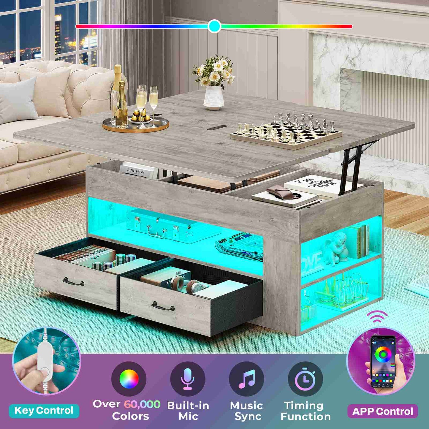 Itaar | Lift Top Coffee Table 4 in 1 Coffee Tables with Storage and Hidden Compartment Farmhouse Coffee Table with 2 Fabric Drawers LED Light