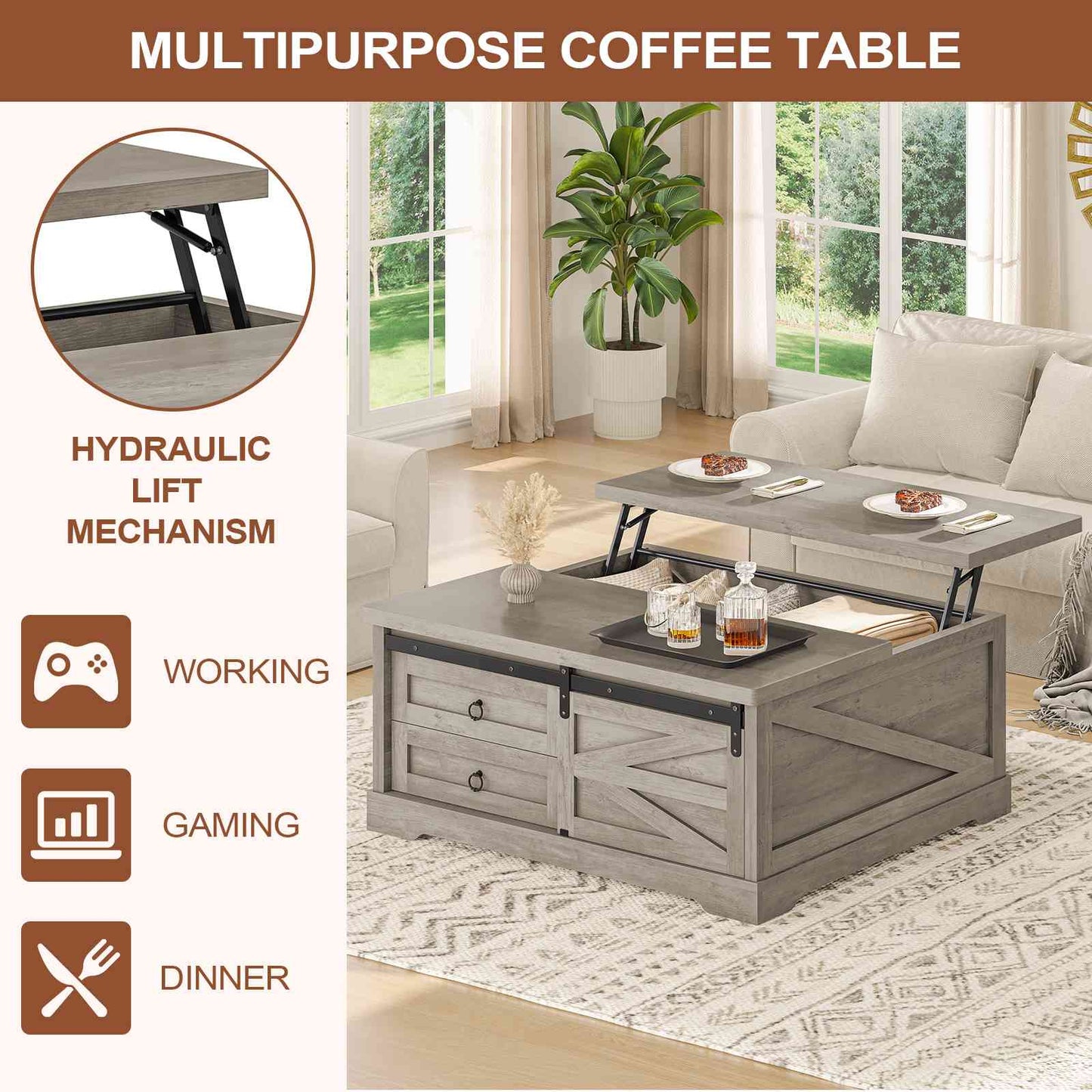 Itaar | 39.4 Inch Lift Top Coffee Table with Storage Farmhouse Coffee Tables for Living Room Square Coffee Table with Large Hidden Compartment