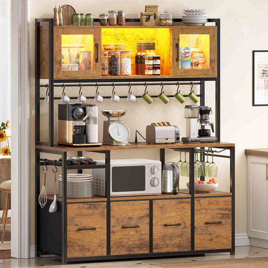 Itaar | Bakers Rack with Power Outlet and LED Light 47.2 Inch Microwave Stand with Storage Kitchen Coffee Bar Cabinet with Glass Door 4 Drawer