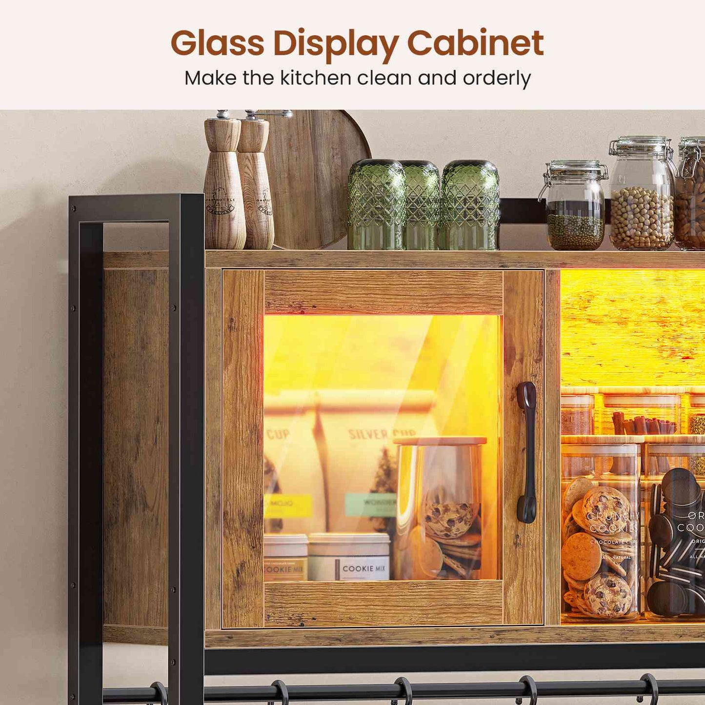 Itaar | Bakers Rack with Power Outlet and LED Light 47.2 Inch Microwave Stand with Storage Kitchen Coffee Bar Cabinet with Glass Door 4 Drawer
